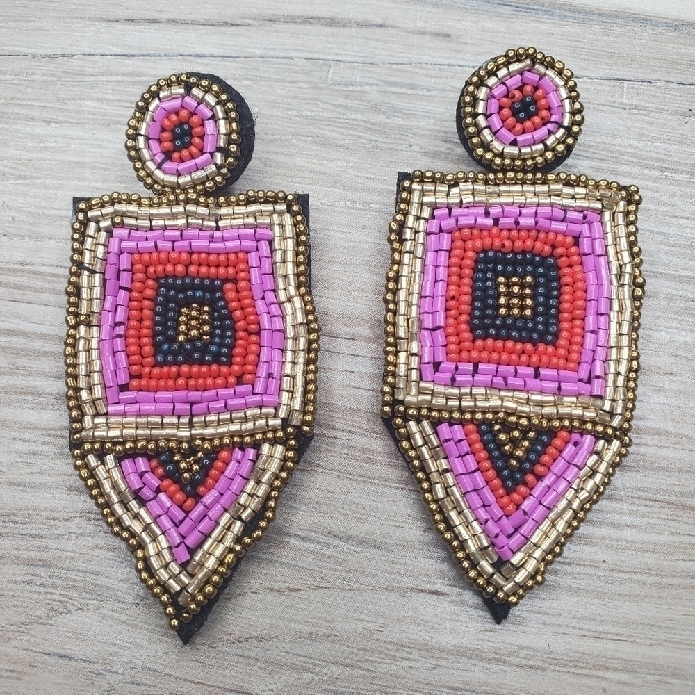 PINK seed beaded Hippie boho earrings rodeo statement artsy native ethnic